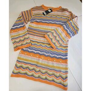 Anna Kaci Bohemian-Style Crochet Knit Mini Pastel Sweater Dress Size Medium